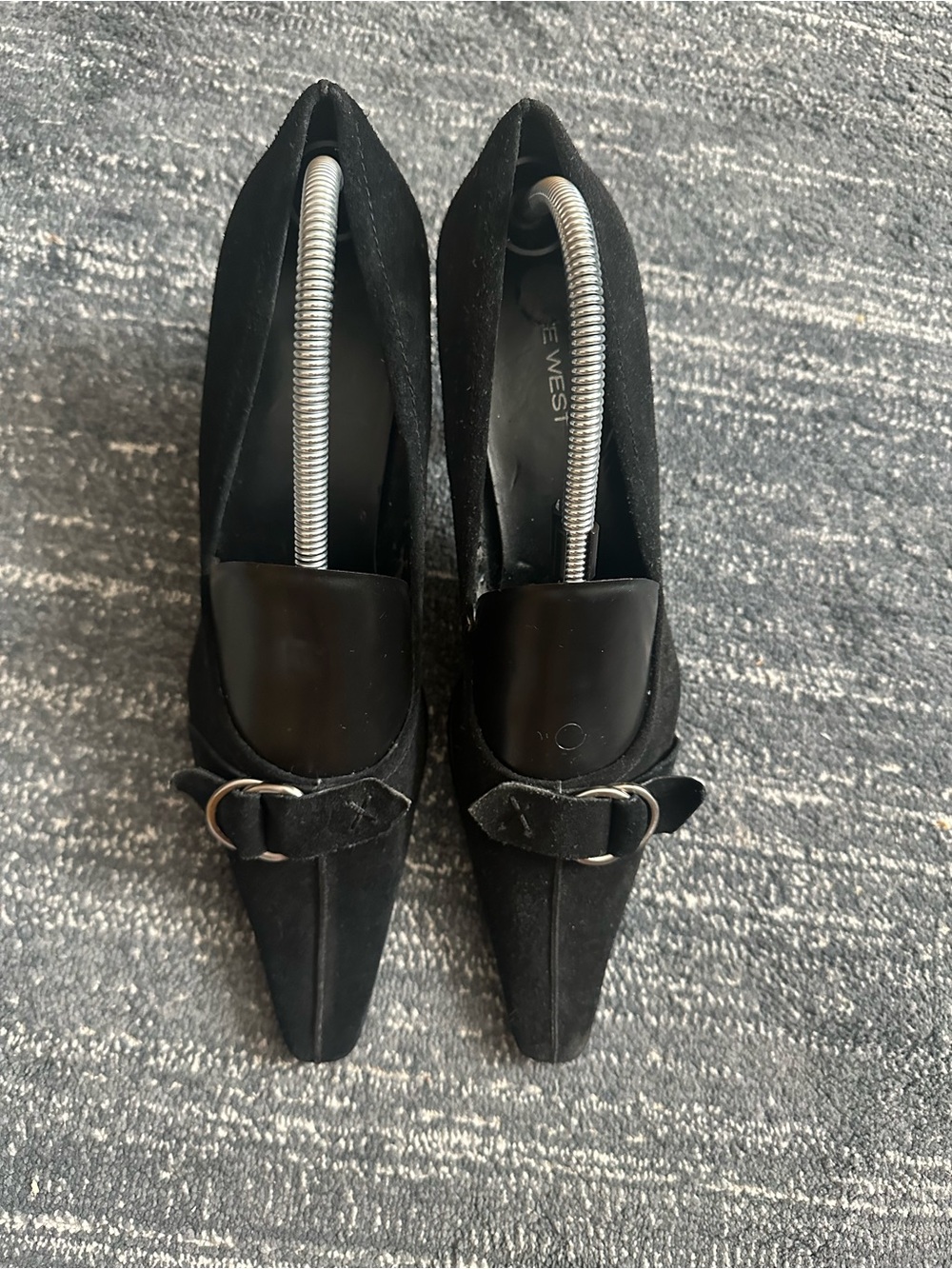 Pointed-Toe Black Suede Heels with Buckle Accent